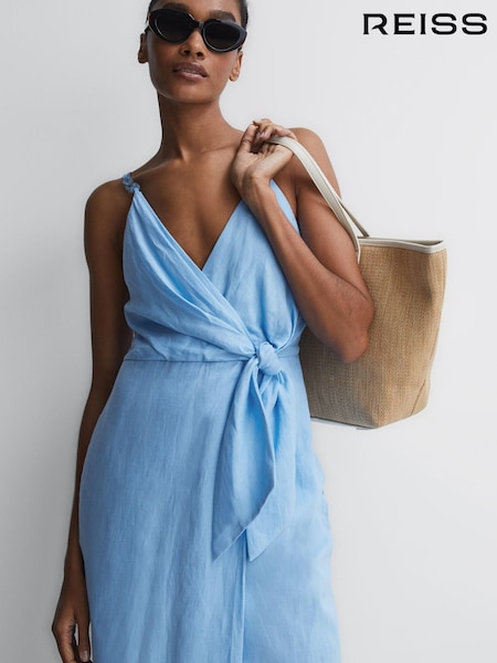 Reiss Blue Esme Linen Side Tie Midi Dress (D43758) | €241