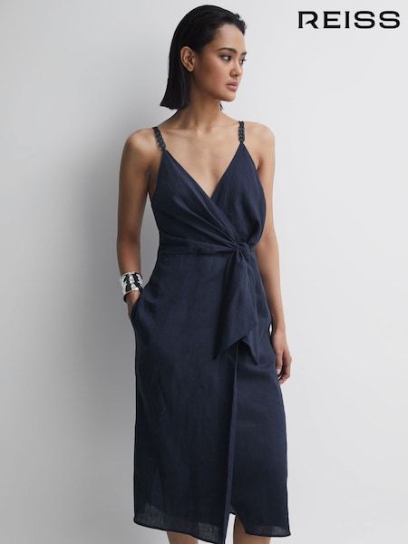 Reiss Navy Esme Linen Side Tie Midi Dress (D43760) | €80