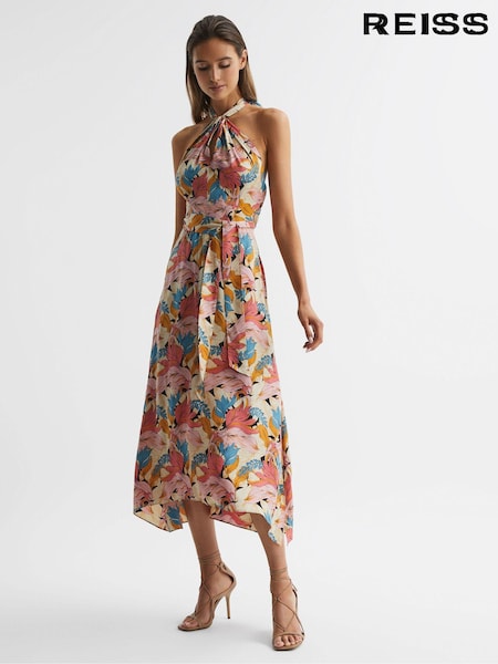 Reiss Pink/Neutral Electra Floral Printed Halter Neck Midi Dress (D43765) | € 371