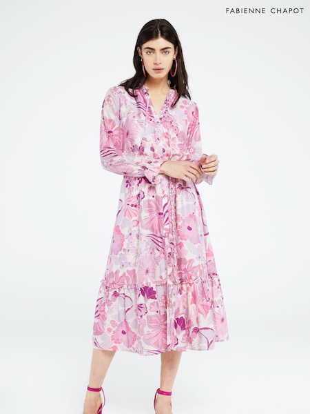 Fabienne Chapot Pink Marilene Floral Print Midi Dress With Linen (D44648) | €176