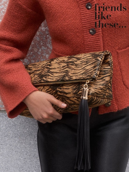 Tiger Print - Friends Like These Oversized Foldover Tassel Clutch Bag
