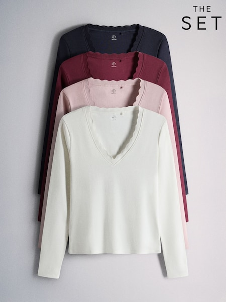 Navy/Burgundy/Lilac/Ecru - The Set 4 Pack Ribbed V-neck Scallop Long Sleeve Tops