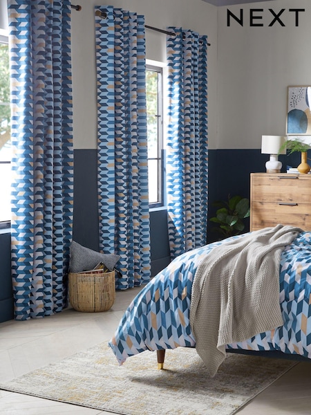 Blue Geometric Blackout/Thermal Eyelet Curtains (D45411) | €25 - €56