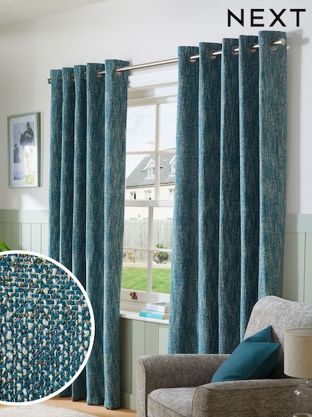 Teal Blue Bobble Texture Lined Eyelet Curtains (D45435) | €75 - €179