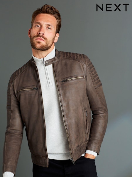 Brown Leather Quilted Racer Jacket (D45825) | €61