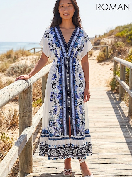 Plavo - Roman Petite Border Print V-neck Midi Dress