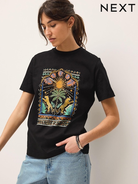 Black Palm Embellished Graphic Heavyweight Short Sleeve Crew Neck T-Shirt (D46365) | €11