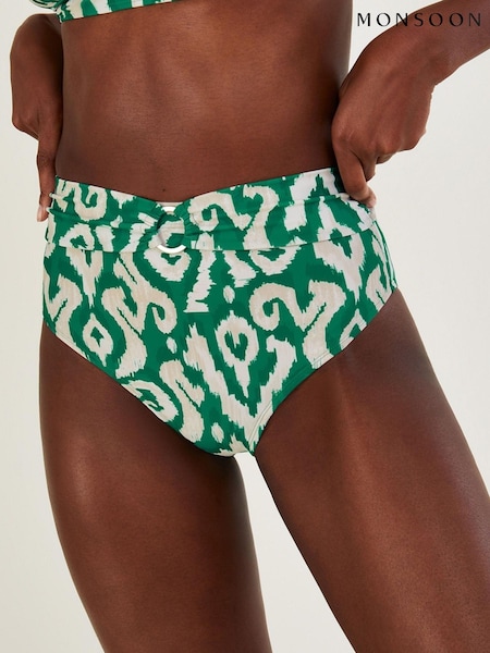 Monsoon Green Ikat Print High Waist Bikini Bottoms With Recycled Polyester (D47687) | €10