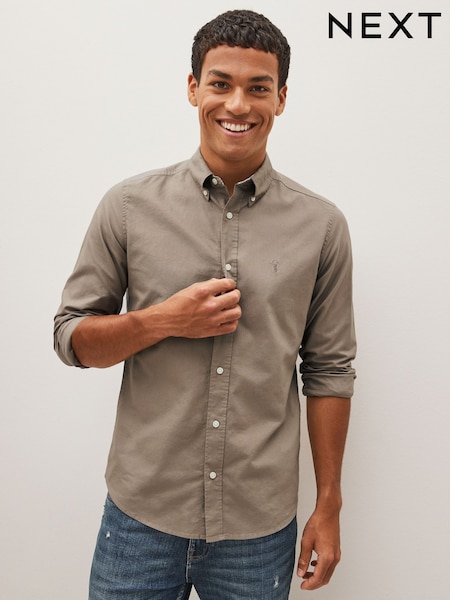 Stone Neutral Slim Fit Long Sleeve Oxford Shirt (D48112) | kr420