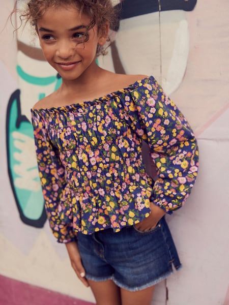 Navy Blue/Pink Ditsy Shirred Long Sleeve Top (3-16yrs) (D48843) | € 4 - € 5