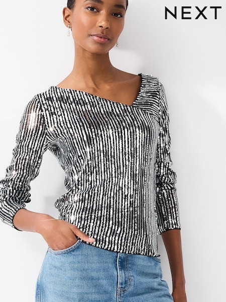 Silber gestreift​​​​​​​ - Sequin Long Sleeve Asymmetric Party Top (D49213) | 6 €