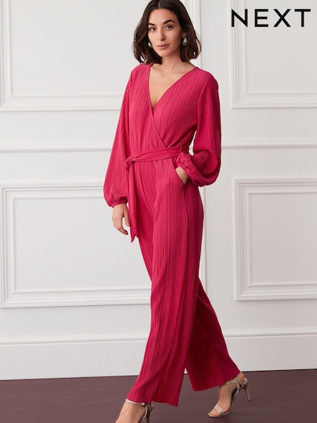 Pink Long Sleeve Plissé Jumpsuit (D49300) | €27