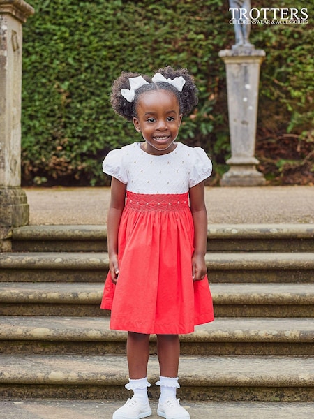 Trotters London Red Willow Rose Hand Smocked 100% Cotton Dress (D49538) | 581 LEI - 700 LEI