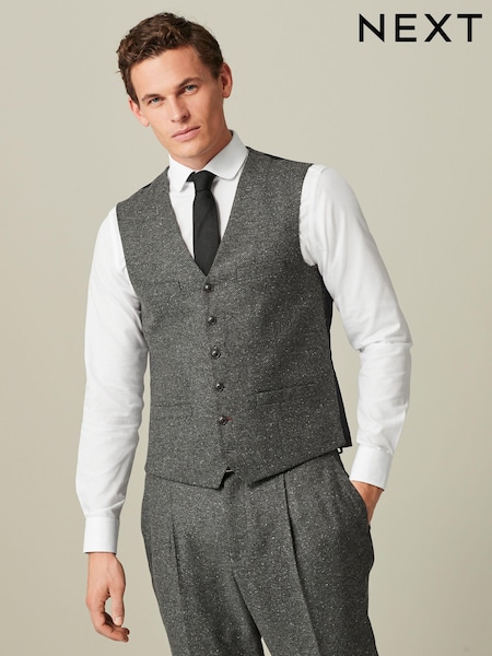 Grey Regular Fit Nova Fides Italian Fabric Herringbone Textured Wool Content Suit Waistcoat (D49848) | €6