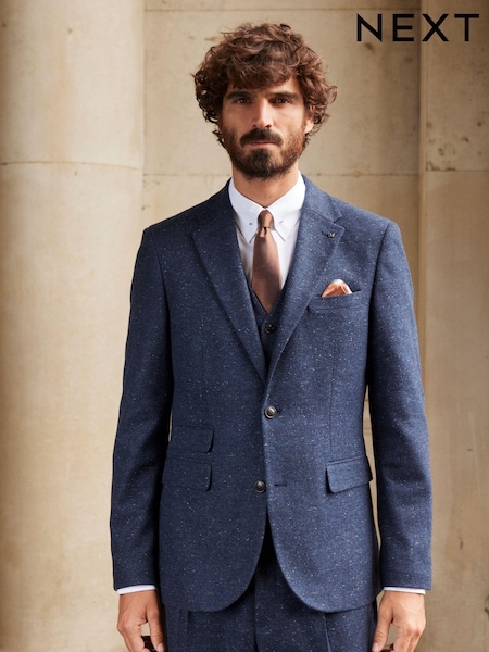 Navy Blue Slim Fit Nova Fides Italian Fabric Herringbone Textured Wool Blend Suit Jacket (D49849) | €24
