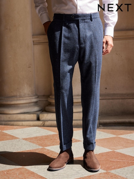 Navy Blue Slim Nova Fides Italian Fabric Herringbone Textured Wool Blend Suit Trousers (D49850) | €12