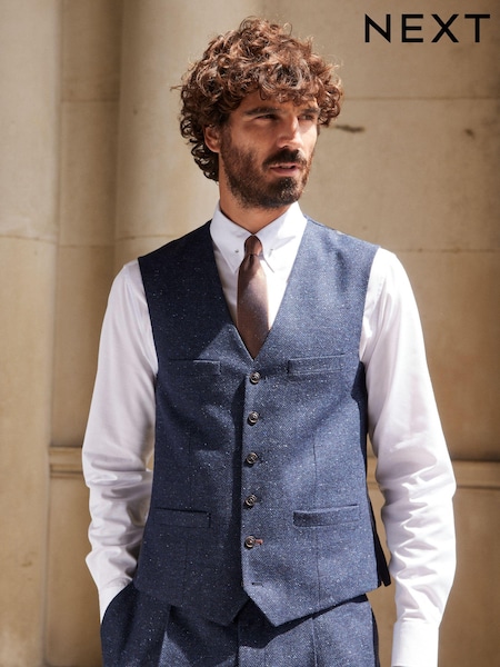 Navy Blue Regular Fit Nova Fides Italian Fabric Herringbone Textured Wool Content Suit Waistcoat (D49851) | €33