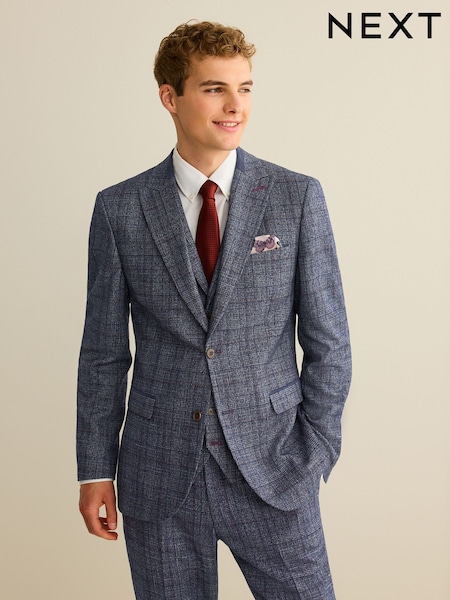 Navy Blue Slim Fit Trimmed Check Suit Jacket (D49860) | €39