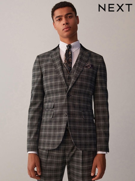Grey Slim Fit Trimmed Check Suit Jacket (D49863) | €22