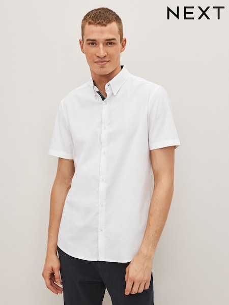 White Slim Fit Stretch Oxford Short Sleeve Shirt (D50106) | €11