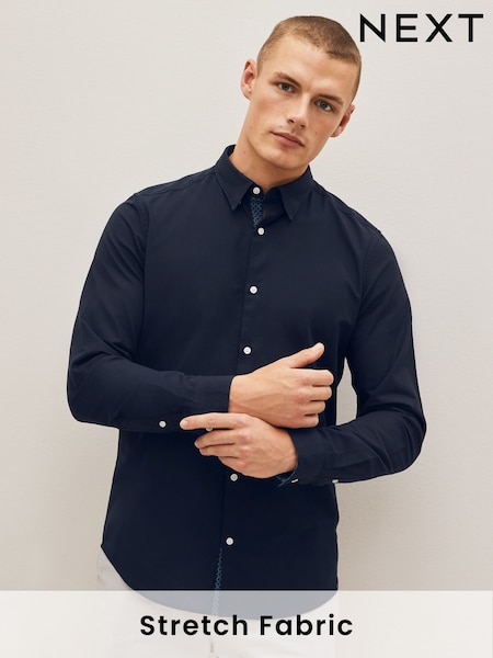 Navy Blue Slim Fit Stretch Oxford Long Sleeve Shirt (D50107) | AED26