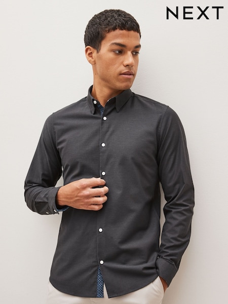Charcoal Grey Slim Fit Stretch Oxford Long Sleeve Shirt (D50112) | €6