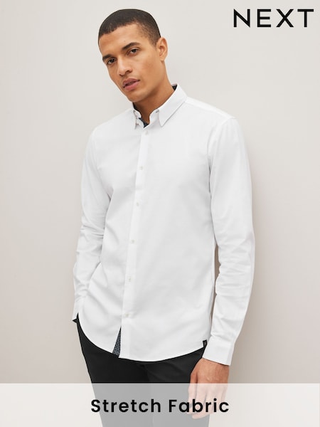White Slim Fit Stretch Oxford Long Sleeve Shirt (D50119) | €8