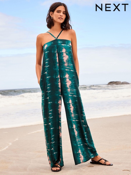 Petrol/Rosa/Knüpfbatik - Halter Wide Leg Jumpsuit (D50192) | 15 €
