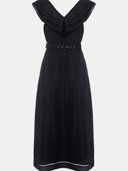 Phase Eight Julieta Frill Broderie Linen Midi Black Dress (D50291) | €72