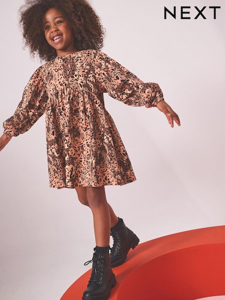 Neutral Animal Print Long Sleeve Jersey Dress (3-16yrs) (D50600) | €3 - €5