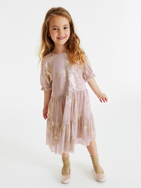 Pink/Gold Foil Sparkle Mesh Short Sleeve Tiered Party Dress (3-16yrs) (D50663) | € 15 - € 19