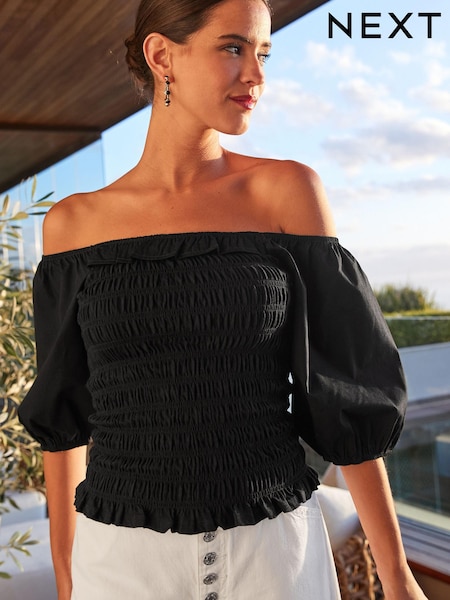 Black 100% Cotton Puff Sleeve Square Neck Off Shoulder Summer Top (D50667) | € 5