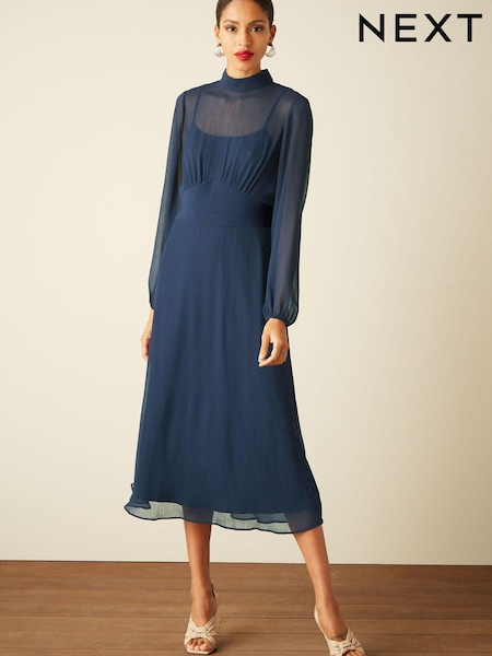 Темно-синий - Long Sleeve High Neck Sheer Layer Midi Dress (D50678) | €29