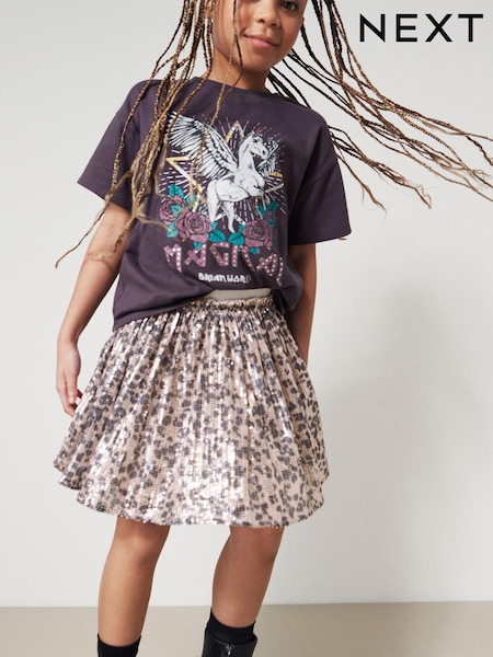 Neutral Pink/Black Animal Print Sequin Skirt (3-16yrs) (D50702) | €14 - €18