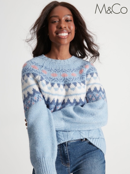 M&Co Blue Petite Cable Knit Fairisle Pattern Jumper (D50794) | €24