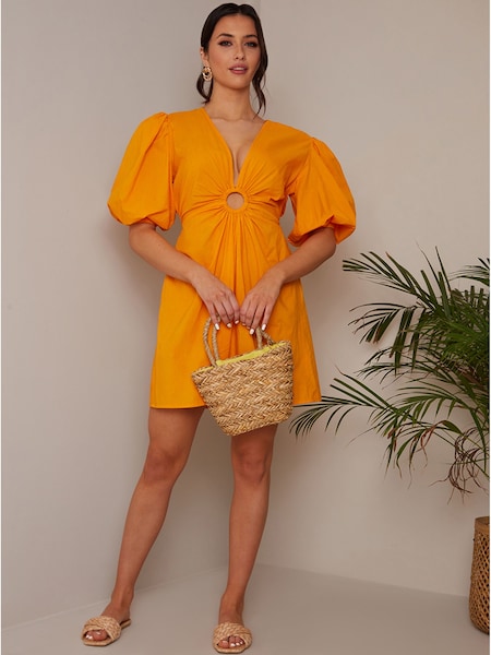 Chi Chi London Orange Ring Front Puff Sleeve Dress (D51808) | €24