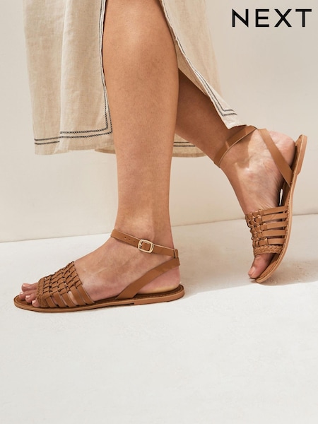 Tan Brown Extra Wide Fit Forever Comfort® Leather Woven Flat Sandals (D51989) | €7