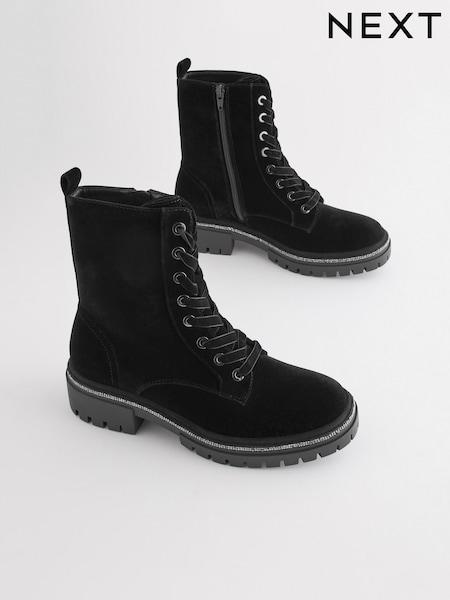 Black Velvet Forever Comfort® Diamanté Rand Lace-Up Boots (D52498) | €26.50