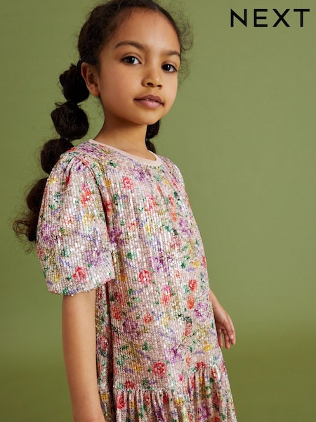Pink/Purple/Orange Floral Print Sequin Occasion Party Dress (3-16yrs) (D52545) | € 17 - € 21