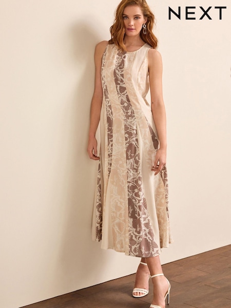 Бежевый со змеиным принтом - Spliced Sleeveless Flowing Midi Dress (D52572) | €9