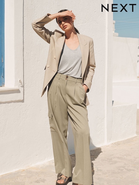 Khaki Green Stripe Smart Utility Cargo Wide Leg Trousers (D53186) | €7