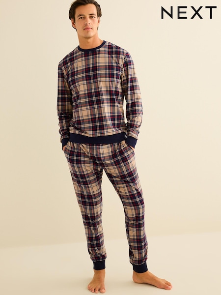Navy Blue/Neutral Check Cuffed Motionflex Long Sleeve Cosy Pyjamas (D53519) | €16