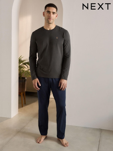 Slate Grey/Navy Long Sleeve Jersey 100% Cotton Pyjamas Set (D53531) | AED101