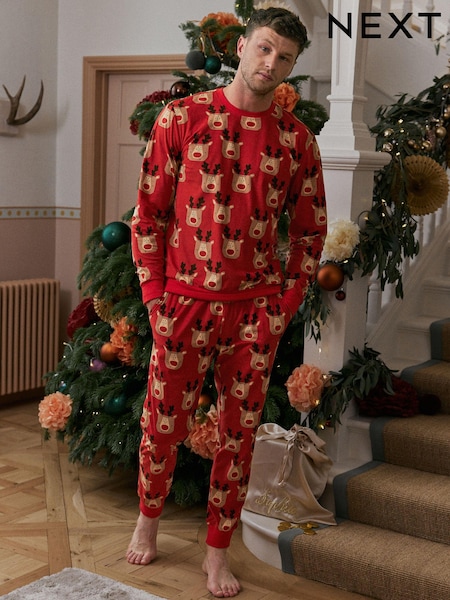Red Reindeer Matching Family Mens Cosy Pyjamas (D53541) | AED62