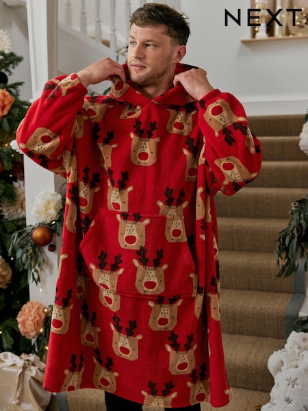 Red Reindeer Matching Family Mens Oversized Blanket Hoodie (D53553) | €18