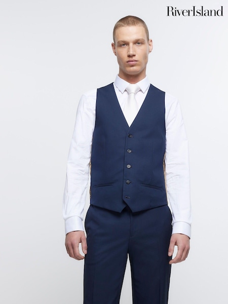 River Island Navy Blue Skinny Fit Twill 100% Cotton Waistcoat (D53631) | €23