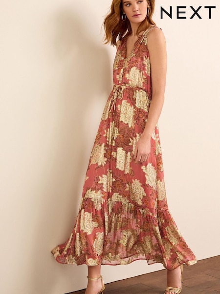 Coral Pink Metallic V-Neck Maxi Chiffon Dress (D53784) | €40