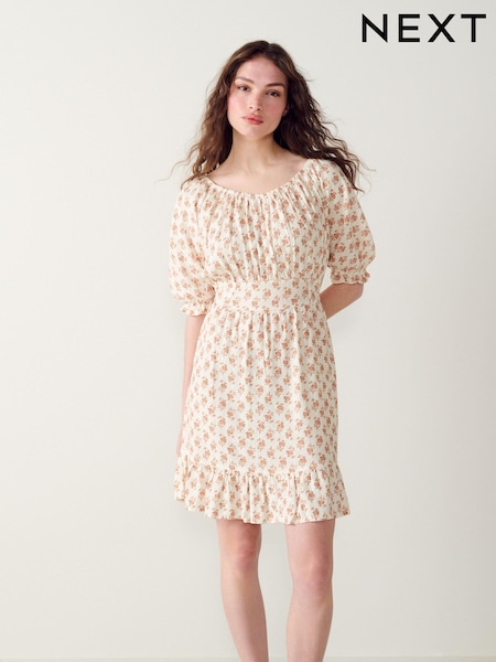 Brown Floral Puff Sleeve Linen Mix Mini Dress (D53787) | €7