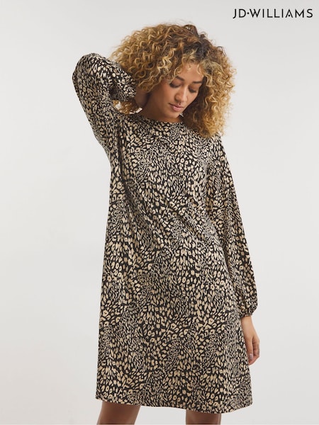 JD Williams Black Animal Print Balloon Sleeve Soft Touch Swing Dress (D53863) | €12.50