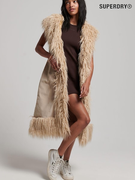 Superdry Brown Faux Fur Afghan Long Gilet (D53872) | €79